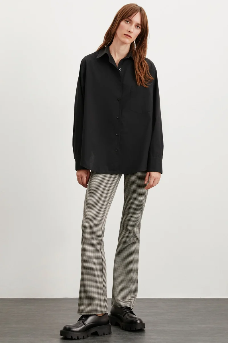 GRIMELANGE Celia Women's 100% Cotton Oversize Single Pocket Long Black Shirt
