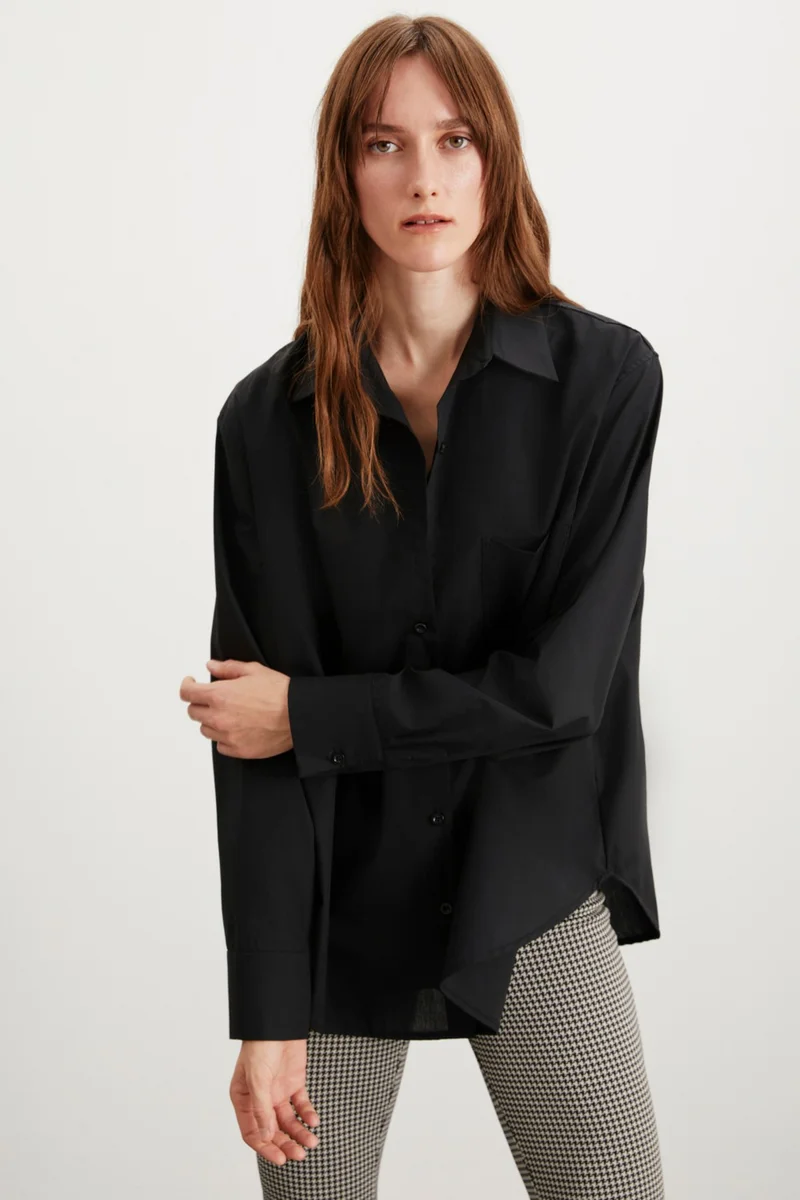GRIMELANGE Celia Women's 100% Cotton Oversize Single Pocket Long Black Shirt