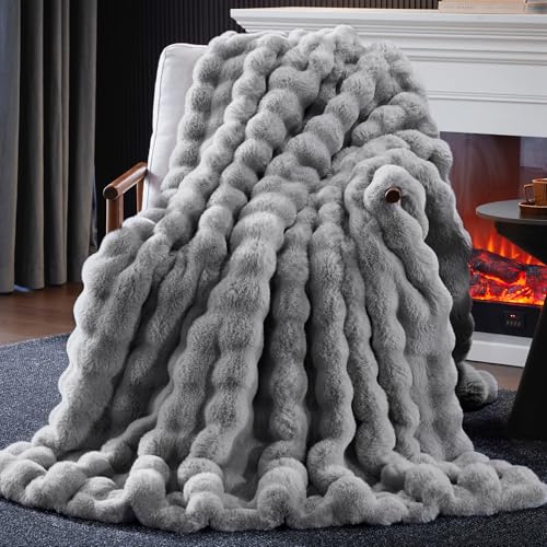 Anysay Faux Fur Throw Blanket, 1000GSM Fluffy Soft Bubble Blanket for Couch Bed, Cozy Plush Warm and Thick Blanket, Fuzzy Rabbit Throw for Living Room Bedroom 50''*60'' Light Grey - Image 1