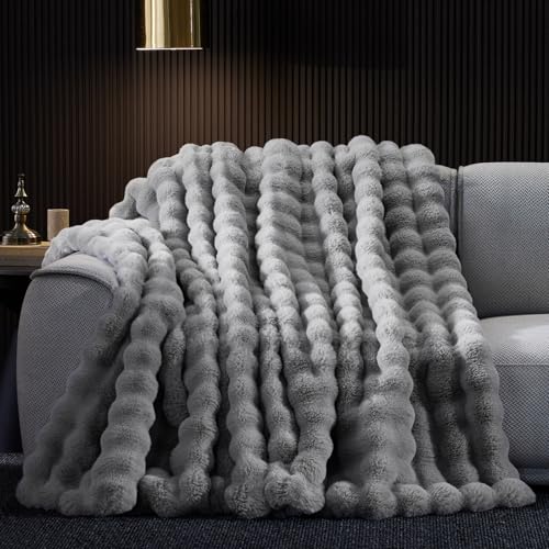 Anysay Faux Fur Throw Blanket, 1000GSM Fluffy Soft Bubble Blanket for Couch Bed, Cozy Plush Warm and Thick Blanket, Fuzzy Rabbit Throw for Living Room Bedroom 50''*60'' Light Grey - Image 3