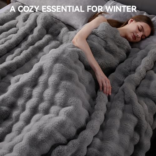 Anysay Faux Fur Throw Blanket, 1000GSM Fluffy Soft Bubble Blanket for Couch Bed, Cozy Plush Warm and Thick Blanket, Fuzzy Rabbit Throw for Living Room Bedroom 50''*60'' Light Grey - Image 5