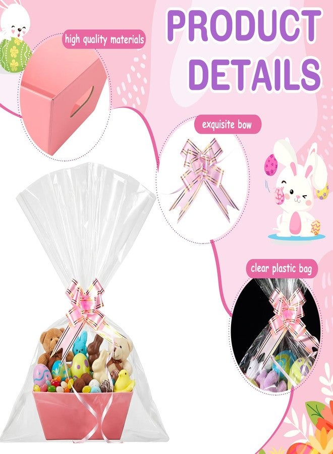 Sinload 12 Sets Empty Gift Baskets Bulk 8x6" Thick Kraft Cardboard Market Tray with Handles, Empty Baskets with 12 Bows&20 Clear Gift Bags for Easter Wedding Birthday Party, 6 Colors(Delicate,Macaron) - Image 3