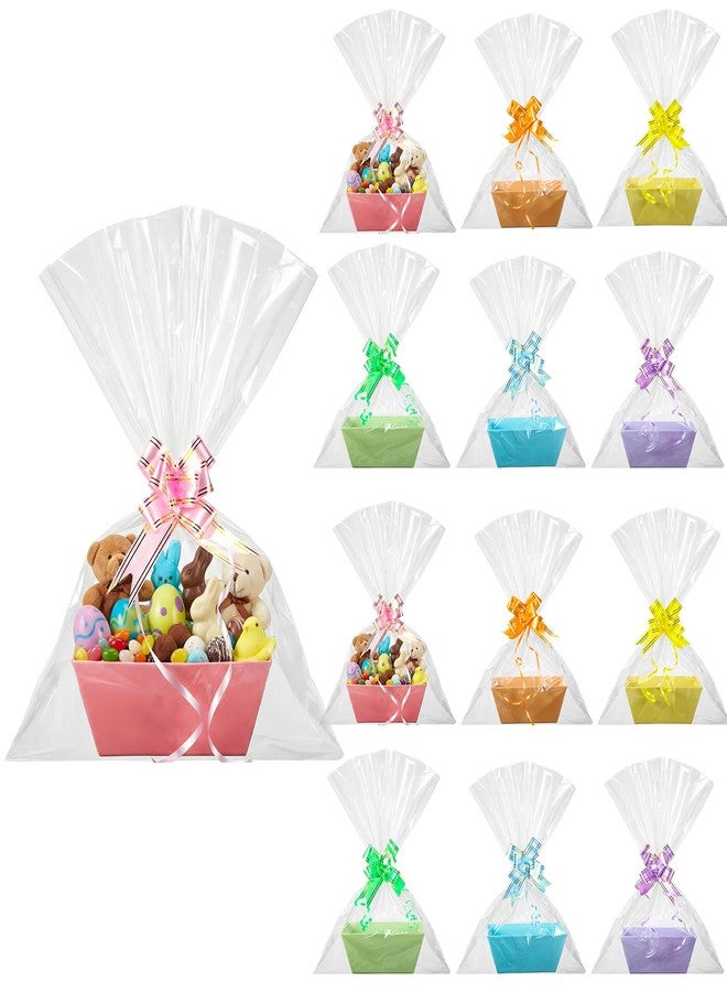 Sinload 12 Sets Empty Gift Baskets Bulk 8x6" Thick Kraft Cardboard Market Tray with Handles, Empty Baskets with 12 Bows&20 Clear Gift Bags for Easter Wedding Birthday Party, 6 Colors(Delicate,Macaron) - Image 1