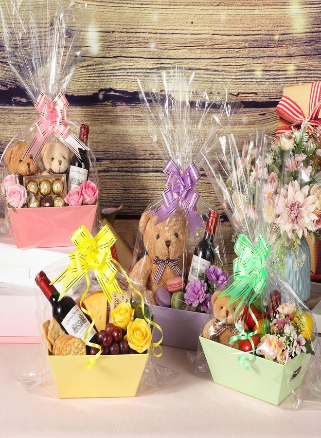 Sinload 12 Sets Empty Gift Baskets Bulk 8x6" Thick Kraft Cardboard Market Tray with Handles, Empty Baskets with 12 Bows&20 Clear Gift Bags for Easter Wedding Birthday Party, 6 Colors(Delicate,Macaron) - Image 5