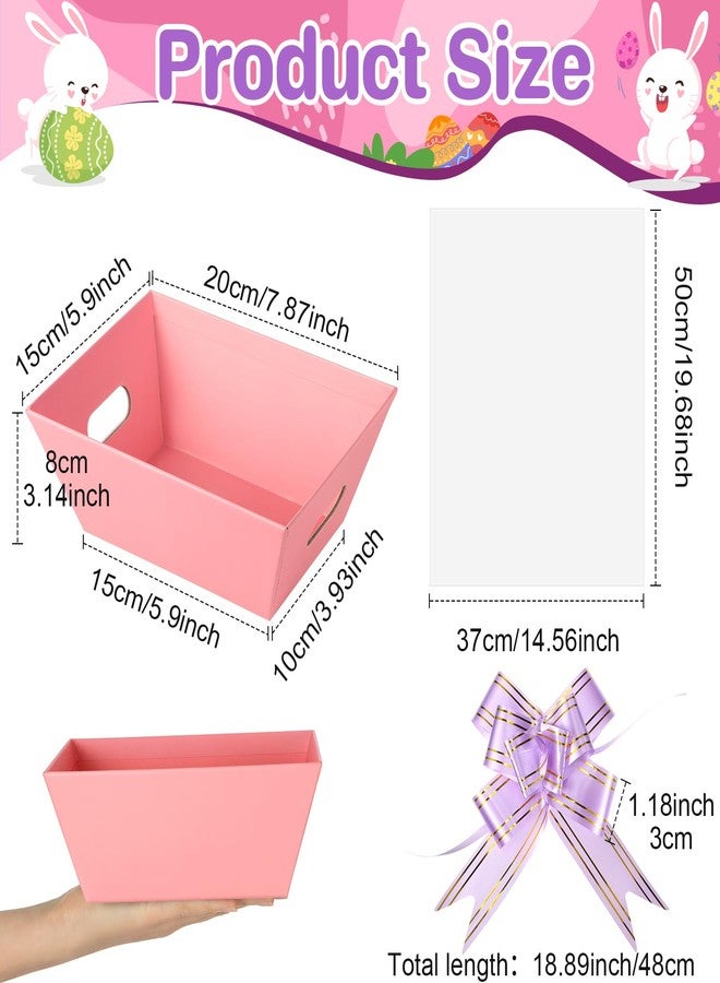 Sinload 12 Sets Empty Gift Baskets Bulk 8x6" Thick Kraft Cardboard Market Tray with Handles, Empty Baskets with 12 Bows&20 Clear Gift Bags for Easter Wedding Birthday Party, 6 Colors(Delicate,Macaron) - Image 2