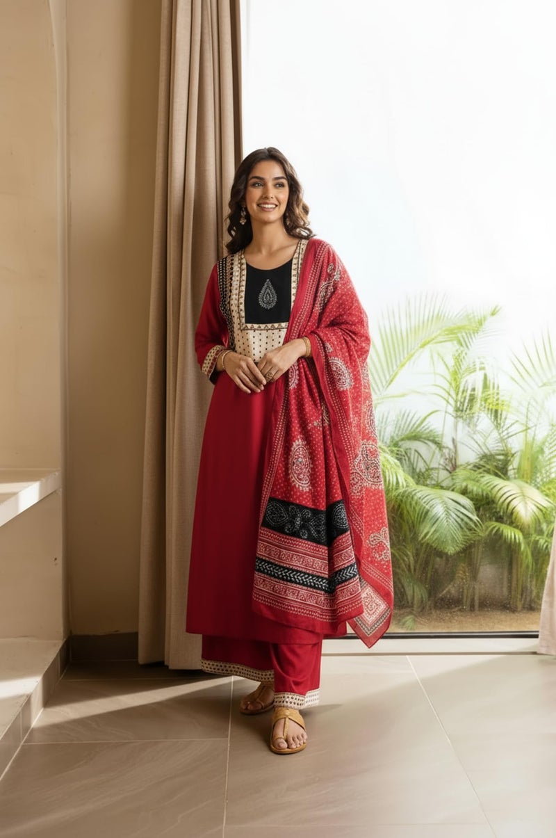 ANNI Designer Women's Rayon Viscose Straight Printed Kurta with Palazzo & Dupatta (HETAL RED-VKS01_L_RED_Large) - Image 4