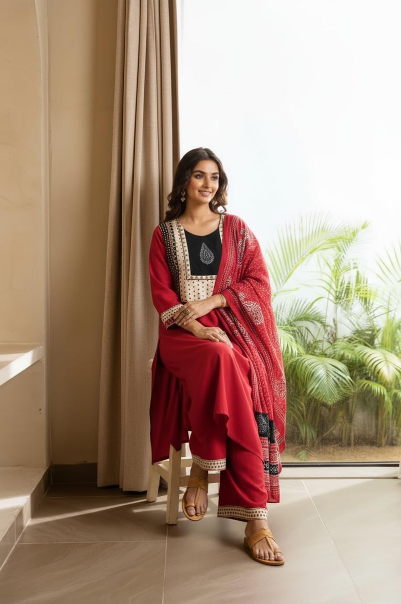 ANNI Designer Women's Rayon Viscose Straight Printed Kurta with Palazzo & Dupatta (HETAL RED-VKS01_L_RED_Large) - Image 3