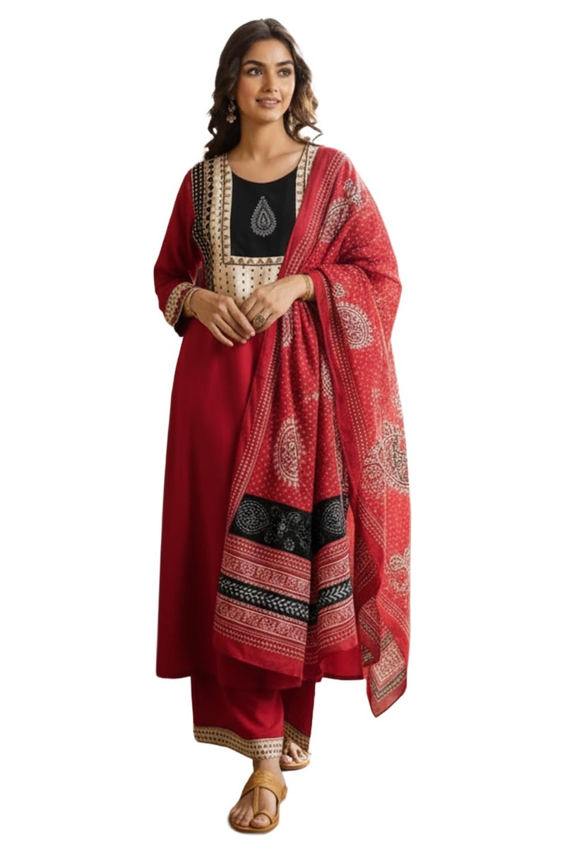 ANNI Designer Women's Rayon Viscose Straight Printed Kurta with Palazzo & Dupatta (HETAL RED-VKS01_L_RED_Large) - Image 1