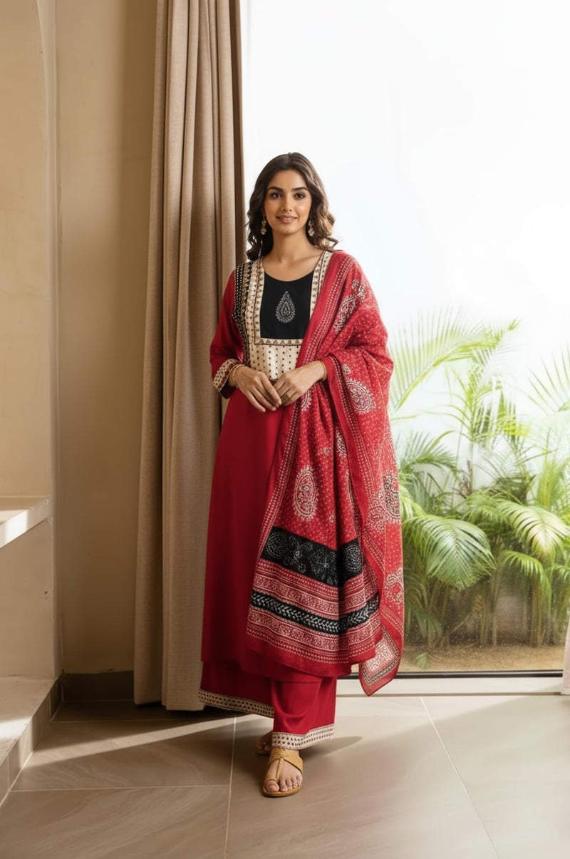 ANNI Designer Women's Rayon Viscose Straight Printed Kurta with Palazzo & Dupatta (HETAL RED-VKS01_L_RED_Large) - Image 5