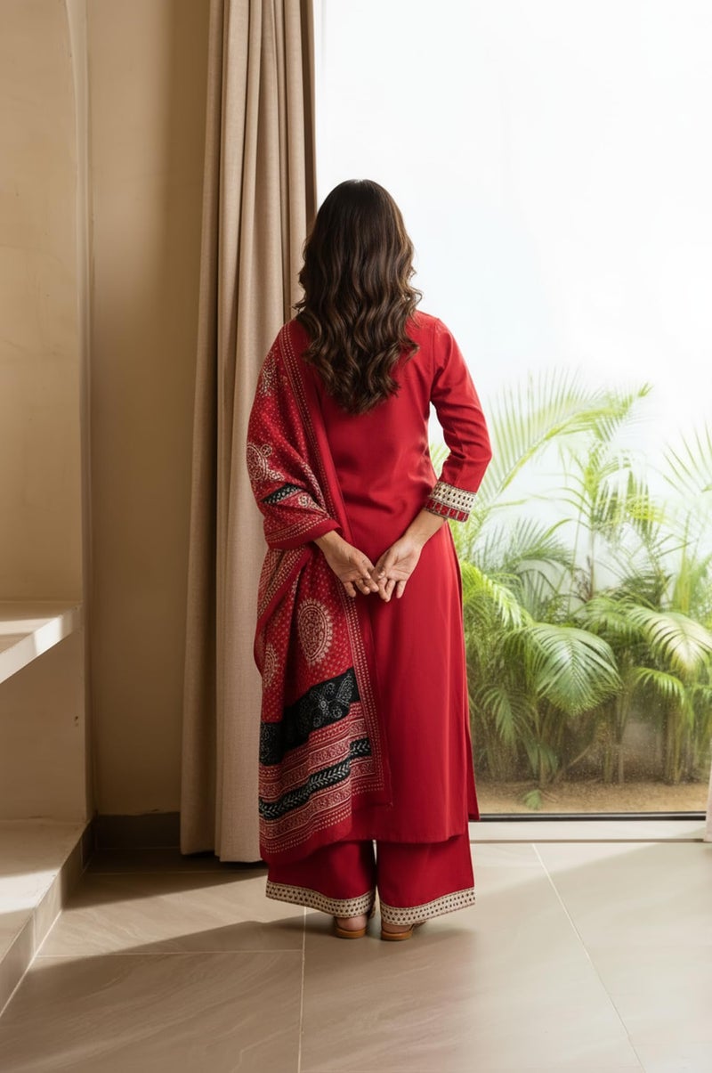 ANNI Designer Women's Rayon Viscose Straight Printed Kurta with Palazzo & Dupatta (HETAL RED-VKS01_L_RED_Large) - Image 2