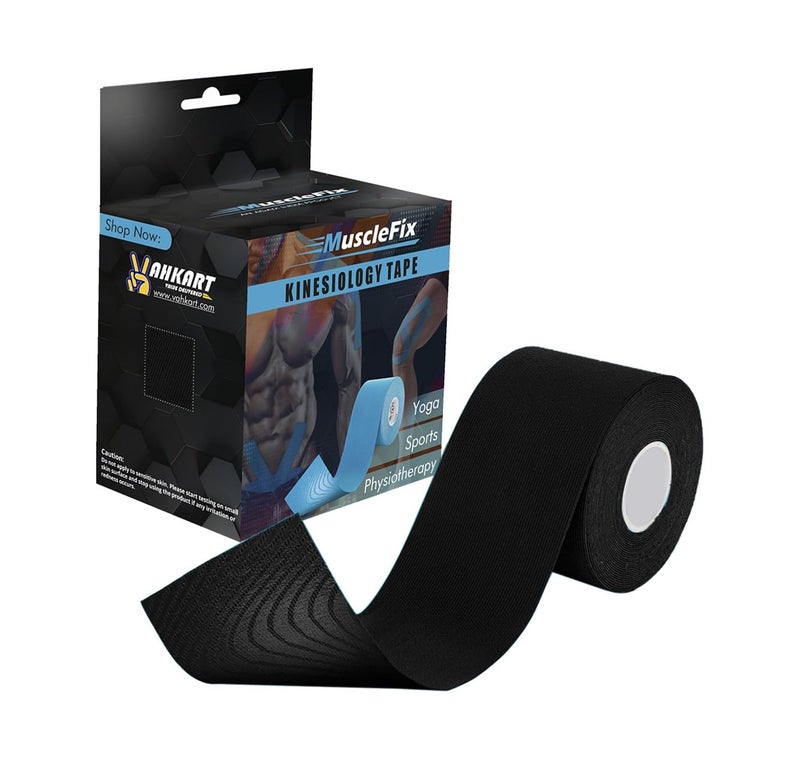 MuscleFix Athletic Sports Kinesiology Tape | Tape for Injury, Muscle Support, Pain Relief, Joint Support and Physiotherapy (5 m * 5 cm) (Black) - Image 1