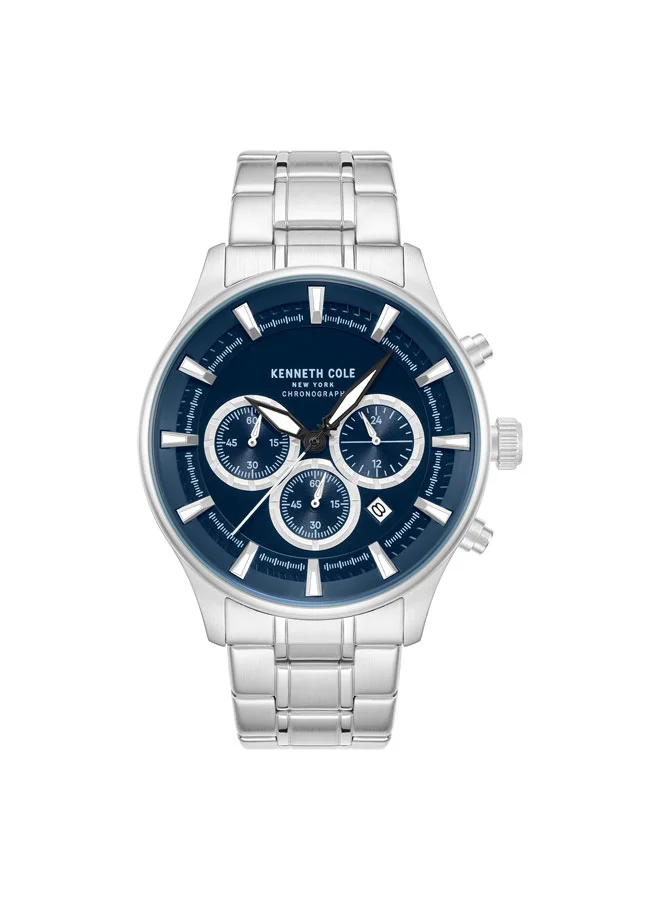 Kenneth Cole New York Thompson Blue Dial Silver Stainless Steel Bracelet Chronograph Watch for Men - 43.5mm