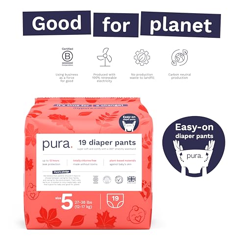 Pura Hypoallergenic Diaper Pants Size 5 (27-38 lbs) Overnight, up to 12 Hours Leak Protection, Suitable for Sensitive Skin, Totally Chlorine Free, Soft Organic Cotton, 1 Pack of 19 Pull Up Pants - Image 3