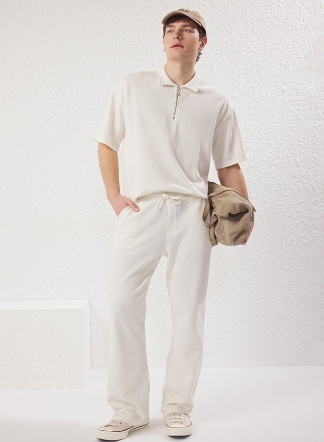 trendyol Ecru Oversize/Wide Textured Cut Zippered Polo Neck T-shirt - Image 3