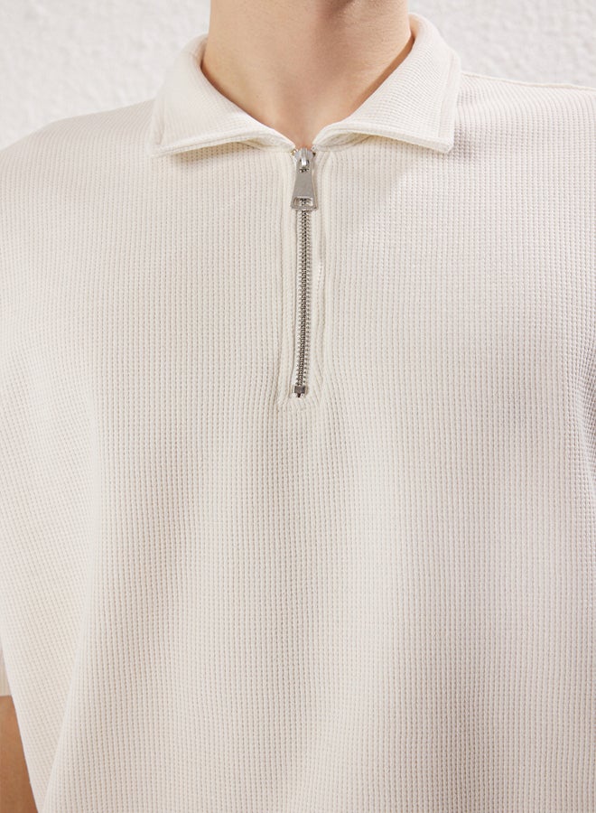 trendyol Ecru Oversize/Wide Textured Cut Zippered Polo Neck T-shirt - Image 4