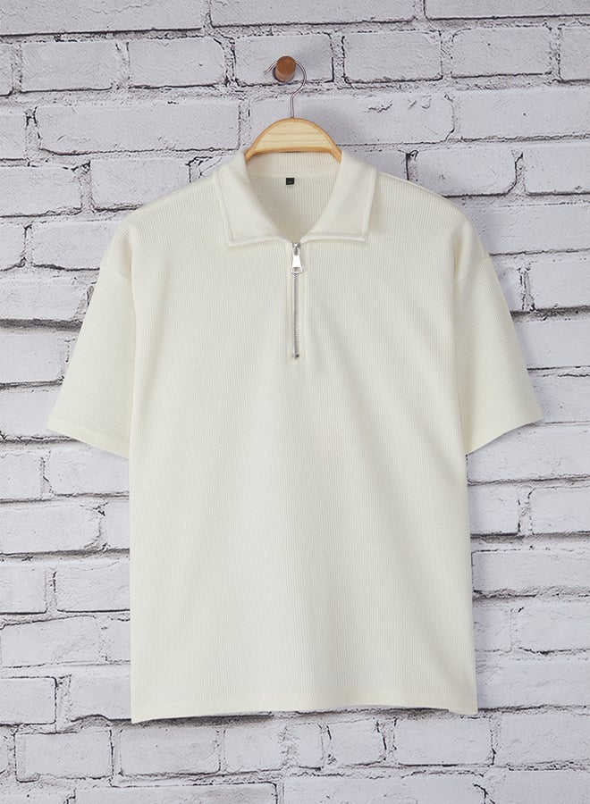 trendyol Ecru Oversize/Wide Textured Cut Zippered Polo Neck T-shirt - Image 5