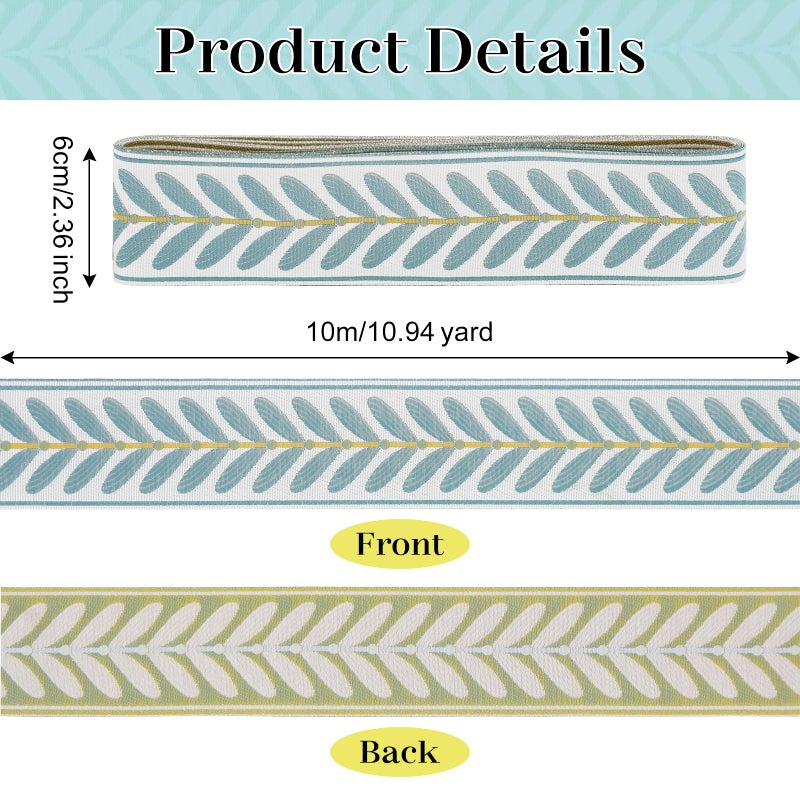 yuuzue 10.9 Yards Jacquard Ribbon Fabric Trim 2.4 Inch Leaf Pattern Jacquard Woven Embroidery Decorative Ribbon for DIY Sewing Crafts Handmade Bag Belt Clothing Decoration Curtain Trim Home Decor - Image 2