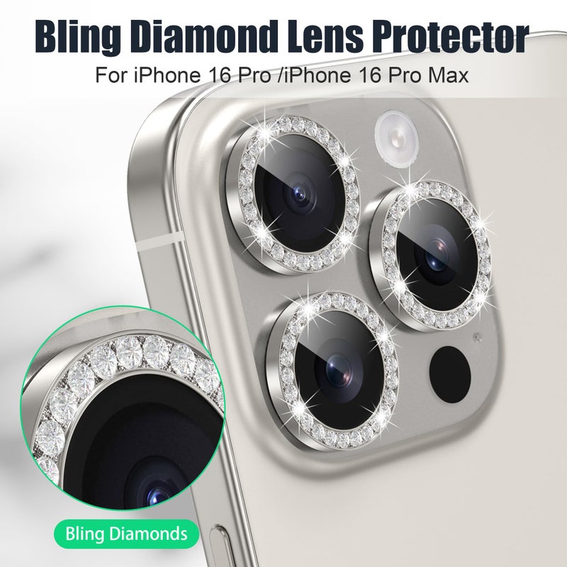 AGVEE 3+3 6 Pack for iPhone 16 Pro 6.3" / 16 Pro Max 6.9" Camera Lens Protector, Bling Diamond & Bling Glitter Metal Ring 9H Tempered HD Glass Camera Cover Film, Bling-Natural - Image 4