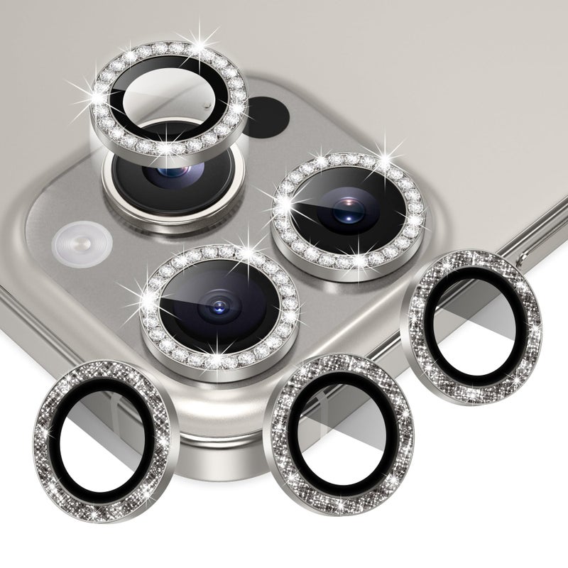 AGVEE 3+3 6 Pack for iPhone 16 Pro 6.3" / 16 Pro Max 6.9" Camera Lens Protector, Bling Diamond & Bling Glitter Metal Ring 9H Tempered HD Glass Camera Cover Film, Bling-Natural - Image 1