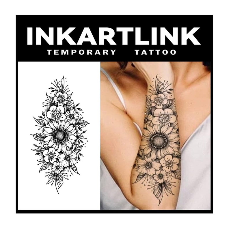INKARTLINK Tattoo Tech, 2 Sheets Extra-Large Semi Permanent Tattoo, Adult Art Design Temporary Tattoos, Lasts 1-2 Weeks, Waterproof, Realistic Look, No Adhesive, No Reflection (Flower Design) - Image 1