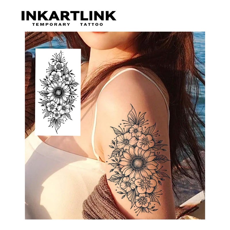 INKARTLINK Tattoo Tech, 2 Sheets Extra-Large Semi Permanent Tattoo, Adult Art Design Temporary Tattoos, Lasts 1-2 Weeks, Waterproof, Realistic Look, No Adhesive, No Reflection (Flower Design) - Image 2