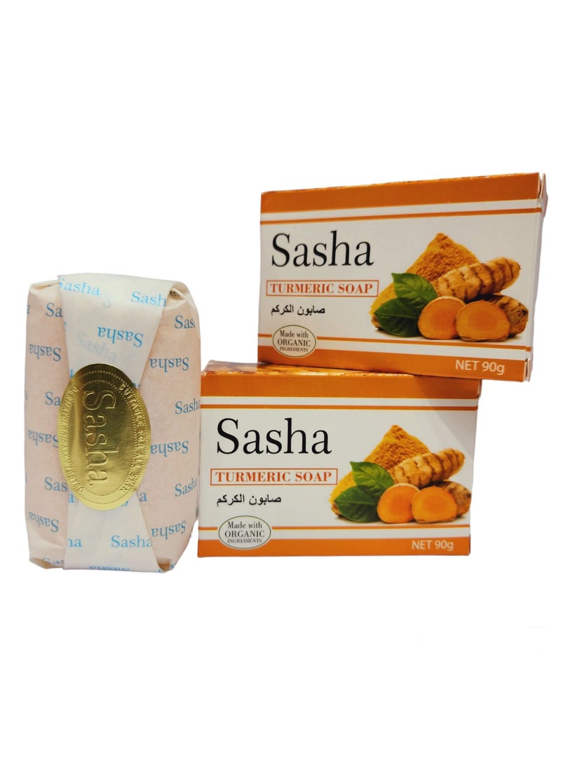 ساشا قطعتين صابون الكركم التيلندي الغني بالفيتامينات والحليب الطبيعي والذي يساعد على تحسين البشرة الجافة وظبط حالة البشرة بحيث يترك البشرة نظيفة تماماً وناعمة 90 جرام - Image 1