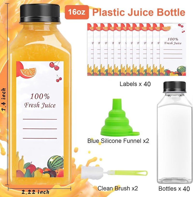 OBKJJ 40 pcs 16oz Pcs Juice Bottles, Juice Bottle with Caps Reusable Empty Clear Bottles with Label, Funnel, Brush Bulk Beverage Containers for Juicing, Drinking, Smoothie and Other Beverages (16-OZ) - Image 3