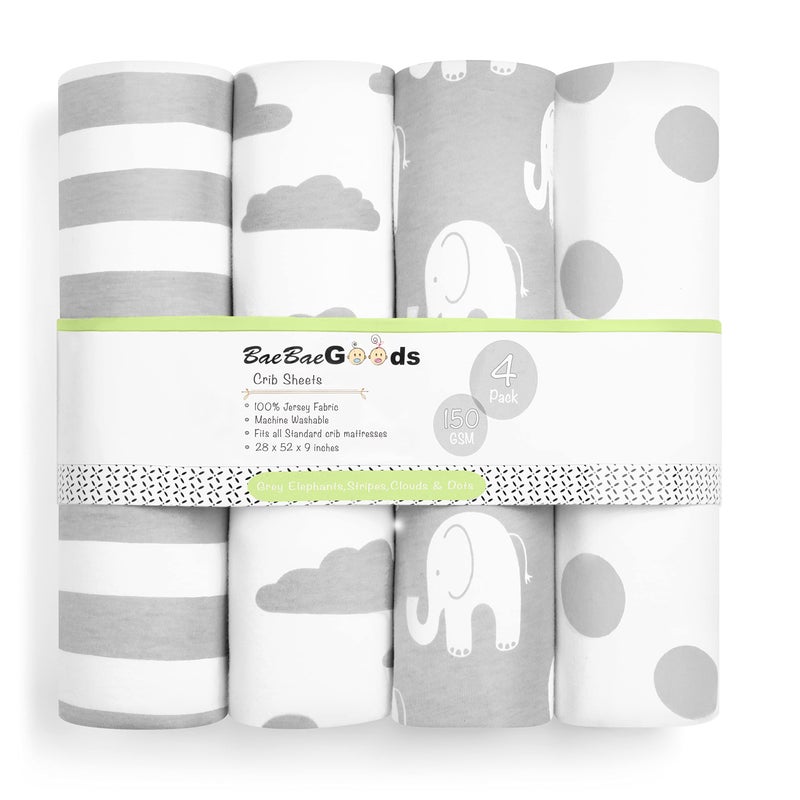 BaeBae Goods Premium Crib Sheets for Baby Boys and Girls 3 Pack Soft and Breathable Jersey Cotton Fitted Sheet Set Grey and White Cute Gender Neutral Nursery Mattress Bedding Universal Fit