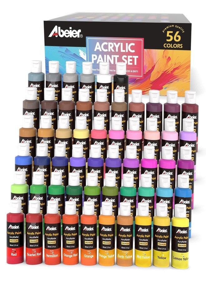 ABEIER Acrylic Paint Set, 56 Colors (2oz/60ml), Matte Finish, Waterproof, Rich Pigments, Non-Toxic Paints for Painting on Canvas Crafts Wood Ceramic, Fabric Ideal for Beginners and Artists - Image 1
