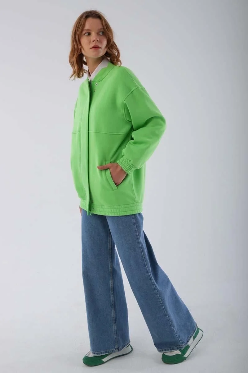 Allday Neon Green-Snap Zippered Raised Cardigan