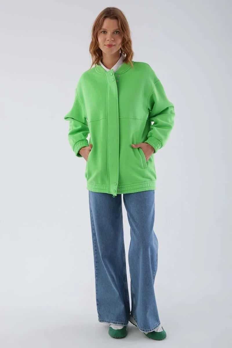 Allday Neon Green-Snap Zippered Raised Cardigan
