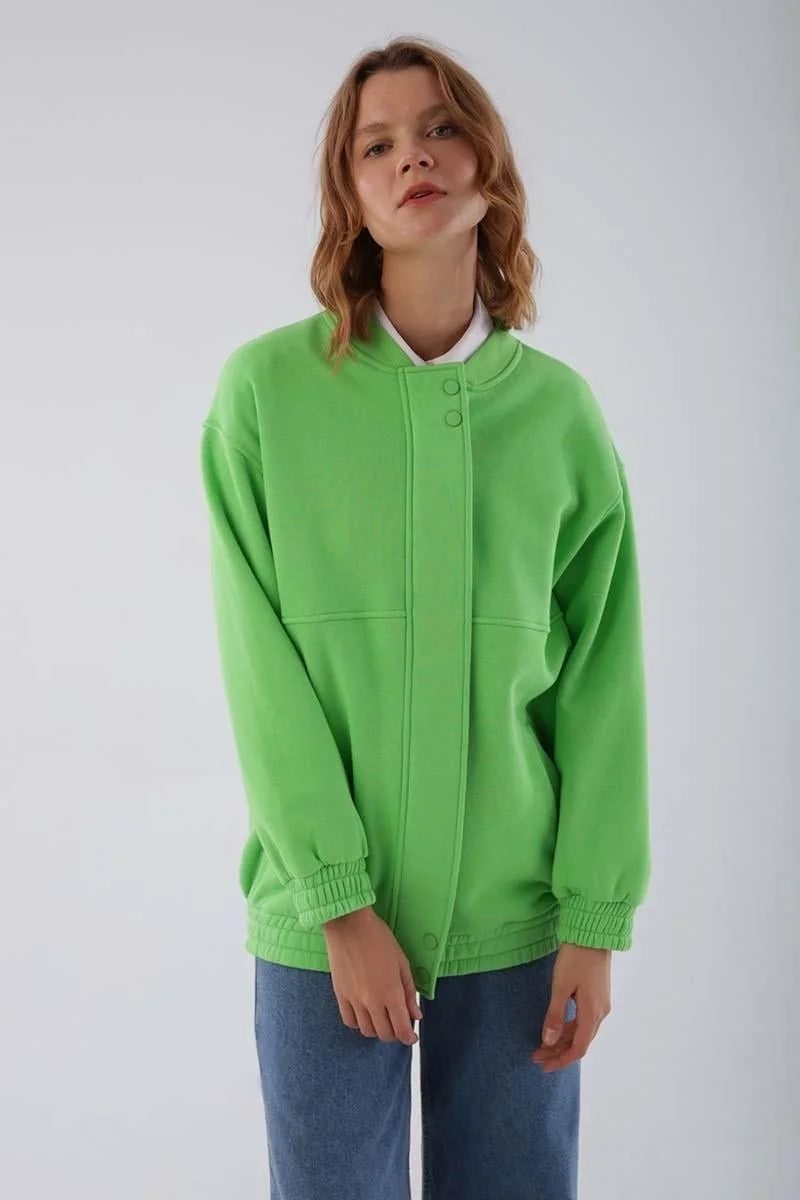 Allday Neon Green-Snap Zippered Raised Cardigan