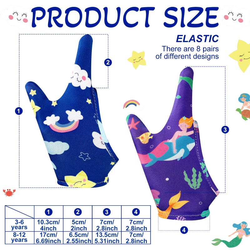 Janmercy 16 Pcs Thumb Sucking Stop for Kids Chewy Gloves Stop Breathable Thumb Guard for Nail Biting Gloves Cute Finger Sucking Stopper for Kids, 8 Style, 2 Finger(3-6 Years) - Image 2