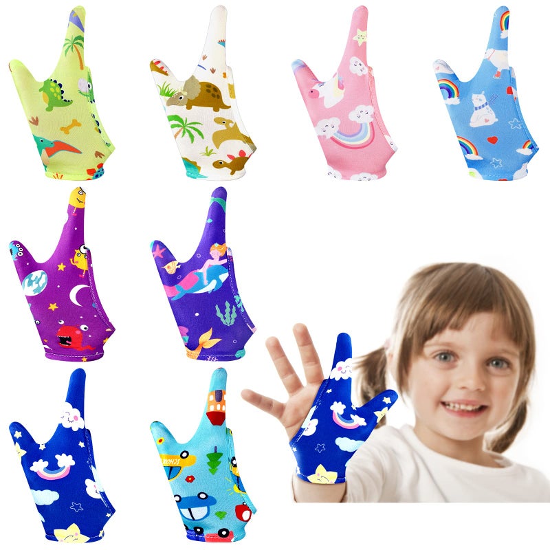 Janmercy 16 Pcs Thumb Sucking Stop for Kids Chewy Gloves Stop Breathable Thumb Guard for Nail Biting Gloves Cute Finger Sucking Stopper for Kids, 8 Style, 2 Finger(3-6 Years) - Image 1