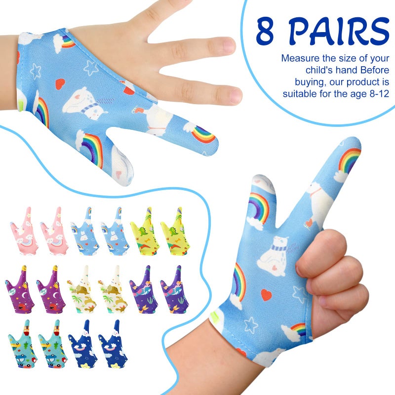Janmercy 16 Pcs Thumb Sucking Stop for Kids Chewy Gloves Stop Breathable Thumb Guard for Nail Biting Gloves Cute Finger Sucking Stopper for Kids, 8 Style, 2 Finger(3-6 Years) - Image 5