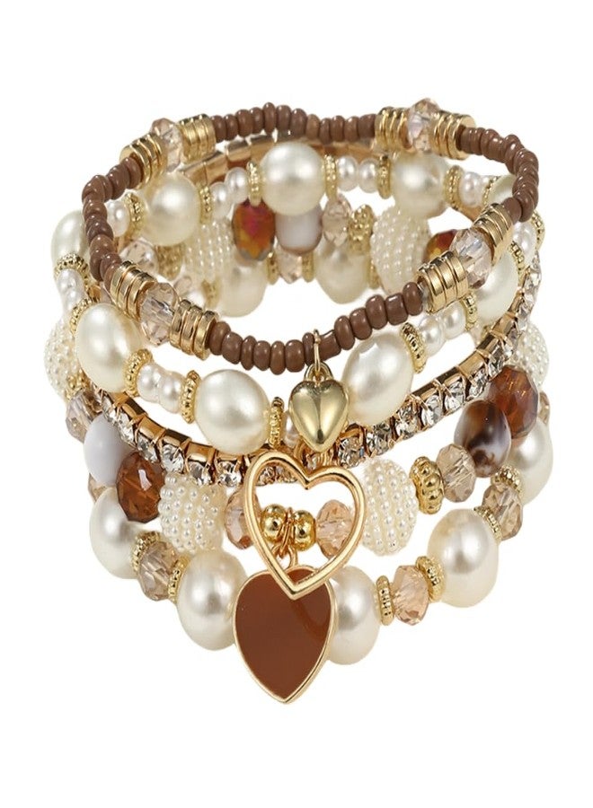 Pingyongchang Bohemian Stackable Beaded Bracelets Set for Women Multicolor Stretch Faux Pearl Heart Crystal Stretchy Bangles Multilayered Handmade Friendship Holiday Beach Jewelry Mother's Day Gifts-Brown - Image 1