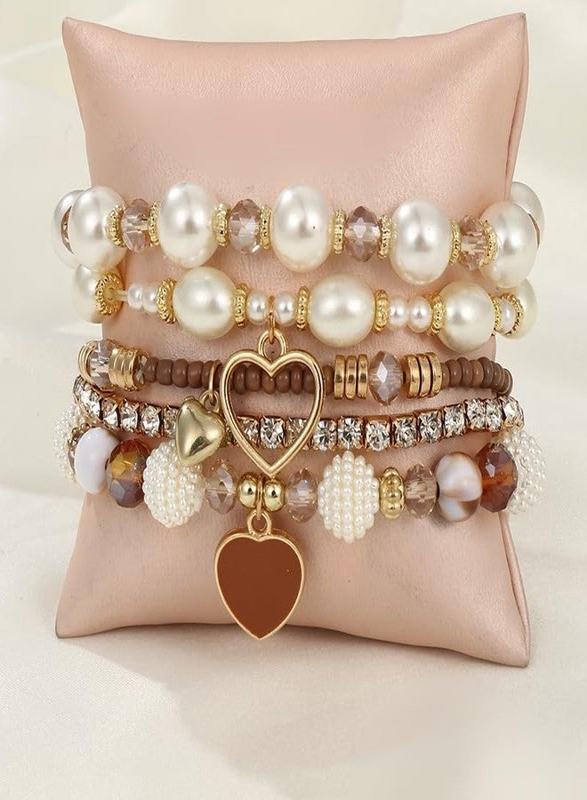 Pingyongchang Bohemian Stackable Beaded Bracelets Set for Women Multicolor Stretch Faux Pearl Heart Crystal Stretchy Bangles Multilayered Handmade Friendship Holiday Beach Jewelry Mother's Day Gifts-Brown - Image 2