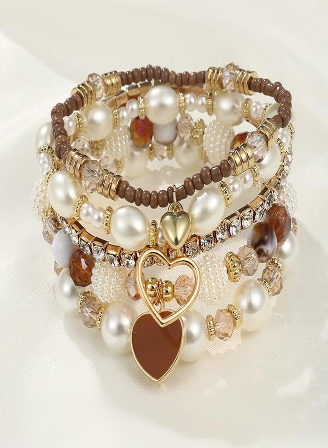 Pingyongchang Bohemian Stackable Beaded Bracelets Set for Women Multicolor Stretch Faux Pearl Heart Crystal Stretchy Bangles Multilayered Handmade Friendship Holiday Beach Jewelry Mother's Day Gifts-Brown - Image 3