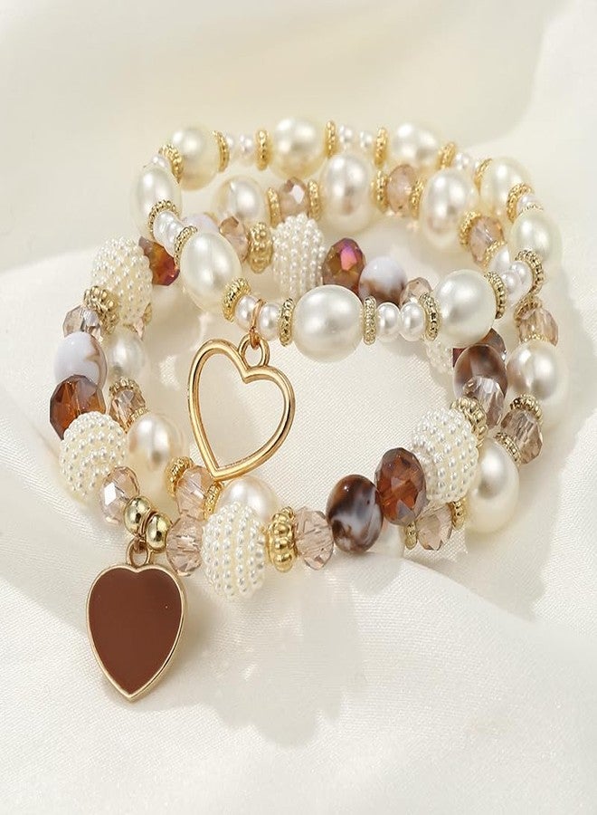 Pingyongchang Bohemian Stackable Beaded Bracelets Set for Women Multicolor Stretch Faux Pearl Heart Crystal Stretchy Bangles Multilayered Handmade Friendship Holiday Beach Jewelry Mother's Day Gifts-Brown - Image 5