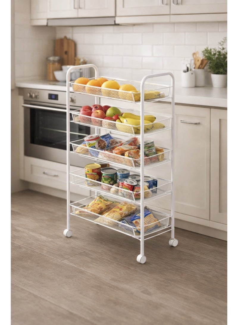 Raqi 5-Tier Rolling Metal Storage Rack with Wheels – Multi-Purpose Shelving Unit for Kitchen, Bathroom & Office – Durable Mesh Design – White - Image 4