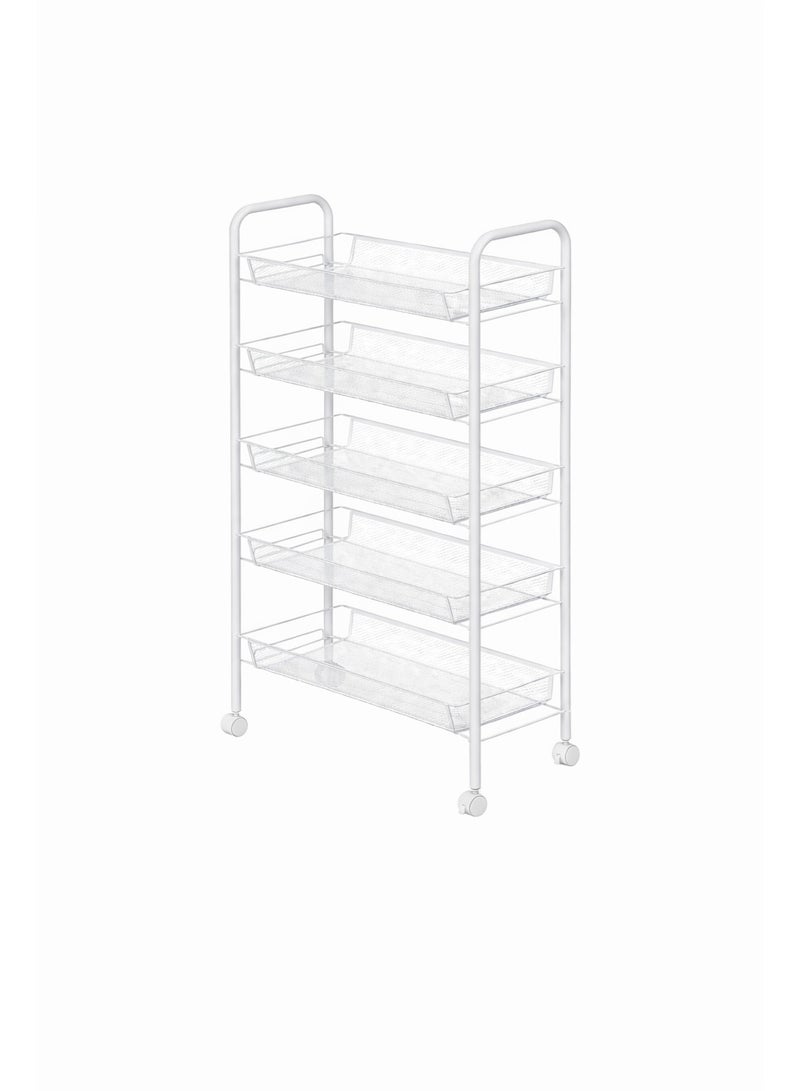 Raqi 5-Tier Rolling Metal Storage Rack with Wheels – Multi-Purpose Shelving Unit for Kitchen, Bathroom & Office – Durable Mesh Design – White - Image 5