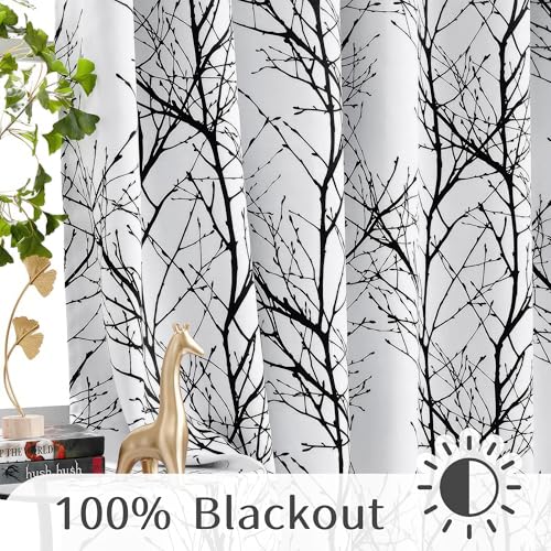 FMFUNCTEX 100% Blackout Curtains 84 Inches Long for Bedroom, Black White Thermal Insulated Room Darkening Patterned Curtains, Modern Tree Branch Drapes for Living Room,Grommet Top 2 Panels Set - Image 4
