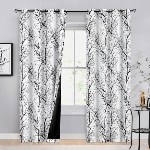 FMFUNCTEX 100% Blackout Curtains 84 Inches Long for Bedroom, Black White Thermal Insulated Room Darkening Patterned Curtains, Modern Tree Branch Drapes for Living Room,Grommet Top 2 Panels Set - Image 1