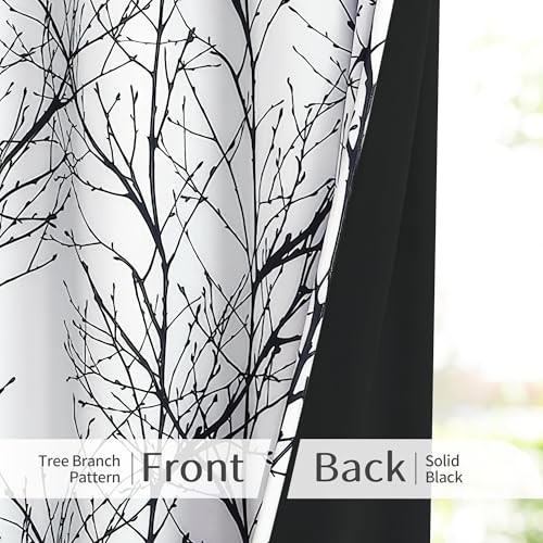FMFUNCTEX 100% Blackout Curtains 84 Inches Long for Bedroom, Black White Thermal Insulated Room Darkening Patterned Curtains, Modern Tree Branch Drapes for Living Room,Grommet Top 2 Panels Set - Image 3