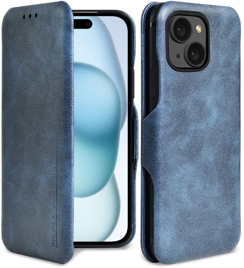 PULOKA for iPhone 15 - Sleek Flip Case - Premium Vegan Leather Phone Cover with Card Slot - Slim, Durable, Privacy Protection - Kickstand Function - Elegant Flip Wallet Cases for Apple - Blue - Image 1