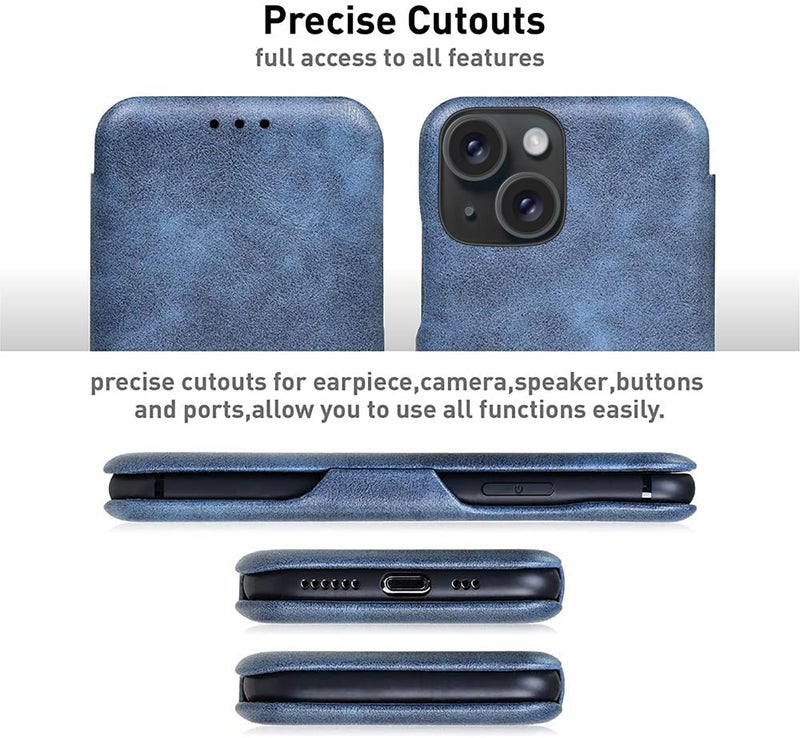 PULOKA for iPhone 15 - Sleek Flip Case - Premium Vegan Leather Phone Cover with Card Slot - Slim, Durable, Privacy Protection - Kickstand Function - Elegant Flip Wallet Cases for Apple - Blue - Image 3