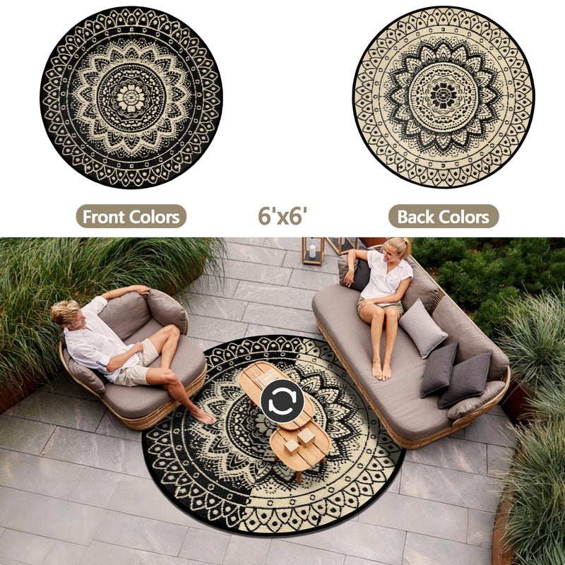 VSIWB Round Outdoor Rugs for Patios, 6Ft Waterproof Reversible Plastic Straw Mat with Carry Bags, Boho Lightweight Outdoor Carpet Portable Round Floor Mat for Patio Camping Picnic Backyard RV,Black Camel - Image 2