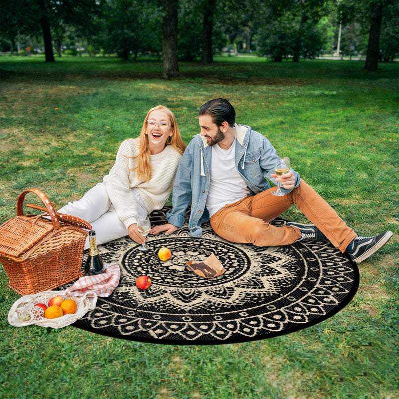 VSIWB Round Outdoor Rugs for Patios, 6Ft Waterproof Reversible Plastic Straw Mat with Carry Bags, Boho Lightweight Outdoor Carpet Portable Round Floor Mat for Patio Camping Picnic Backyard RV,Black Camel - Image 5