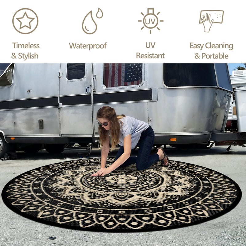 VSIWB Round Outdoor Rugs for Patios, 6Ft Waterproof Reversible Plastic Straw Mat with Carry Bags, Boho Lightweight Outdoor Carpet Portable Round Floor Mat for Patio Camping Picnic Backyard RV,Black Camel - Image 4