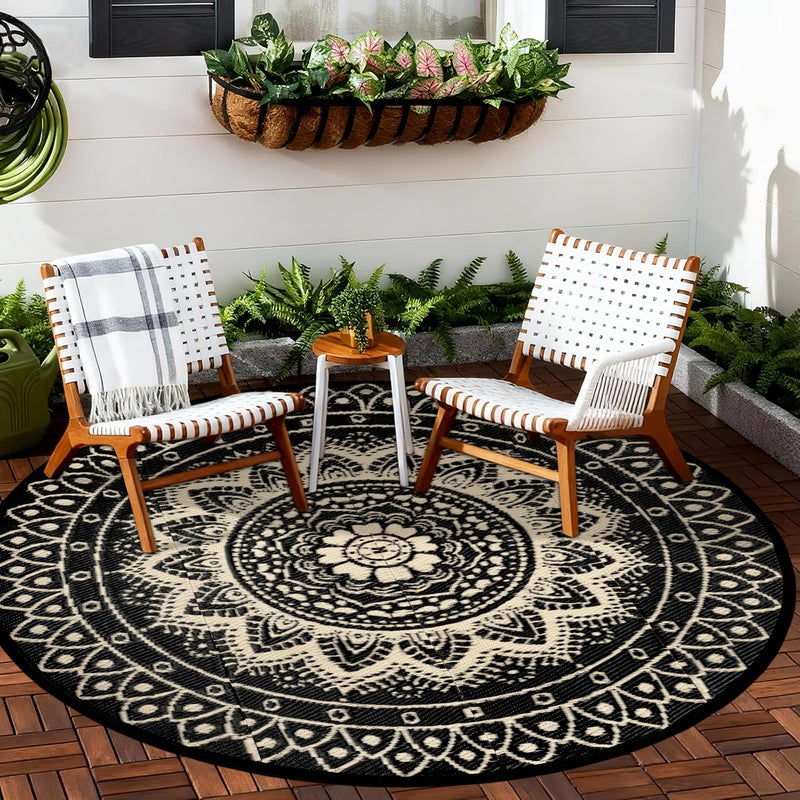 VSIWB Round Outdoor Rugs for Patios, 6Ft Waterproof Reversible Plastic Straw Mat with Carry Bags, Boho Lightweight Outdoor Carpet Portable Round Floor Mat for Patio Camping Picnic Backyard RV,Black Camel - Image 1